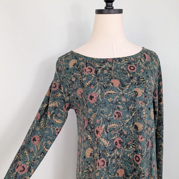 Peruvian Connection Mini Dress S Teal Green Long Sleeve Floral Shift Work Black - Picture 1 of 9